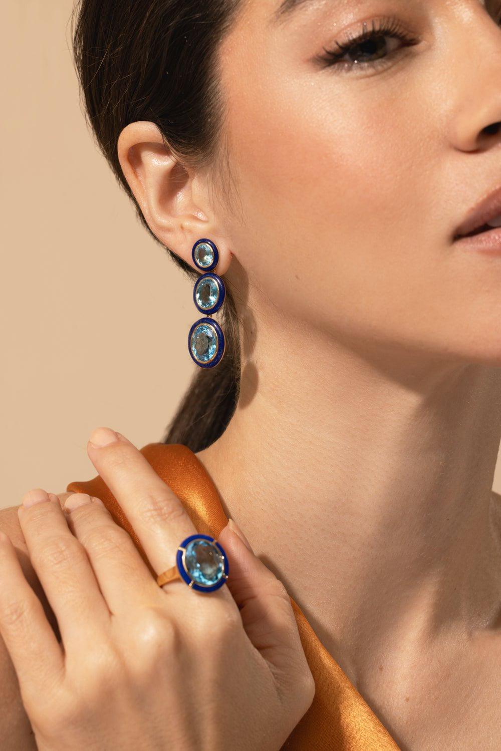 GOSHWARA-Three Tier Blue Topaz Lapis Lazuli Earrings-YELLOW GOLD