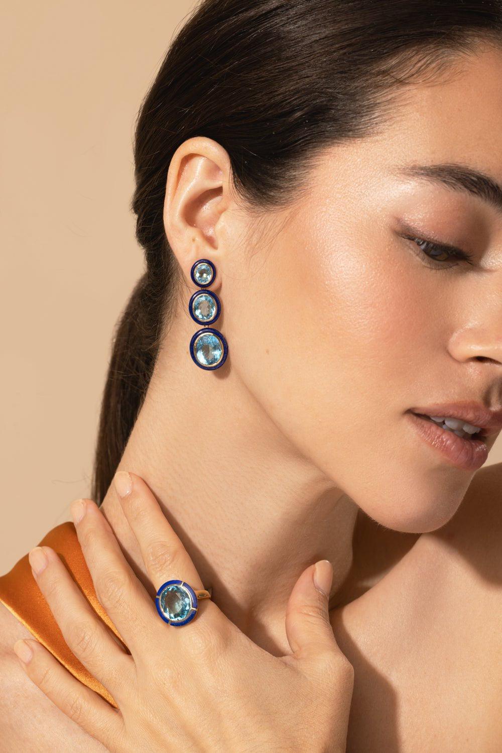 GOSHWARA-Three Tier Blue Topaz Lapis Lazuli Earrings-YELLOW GOLD