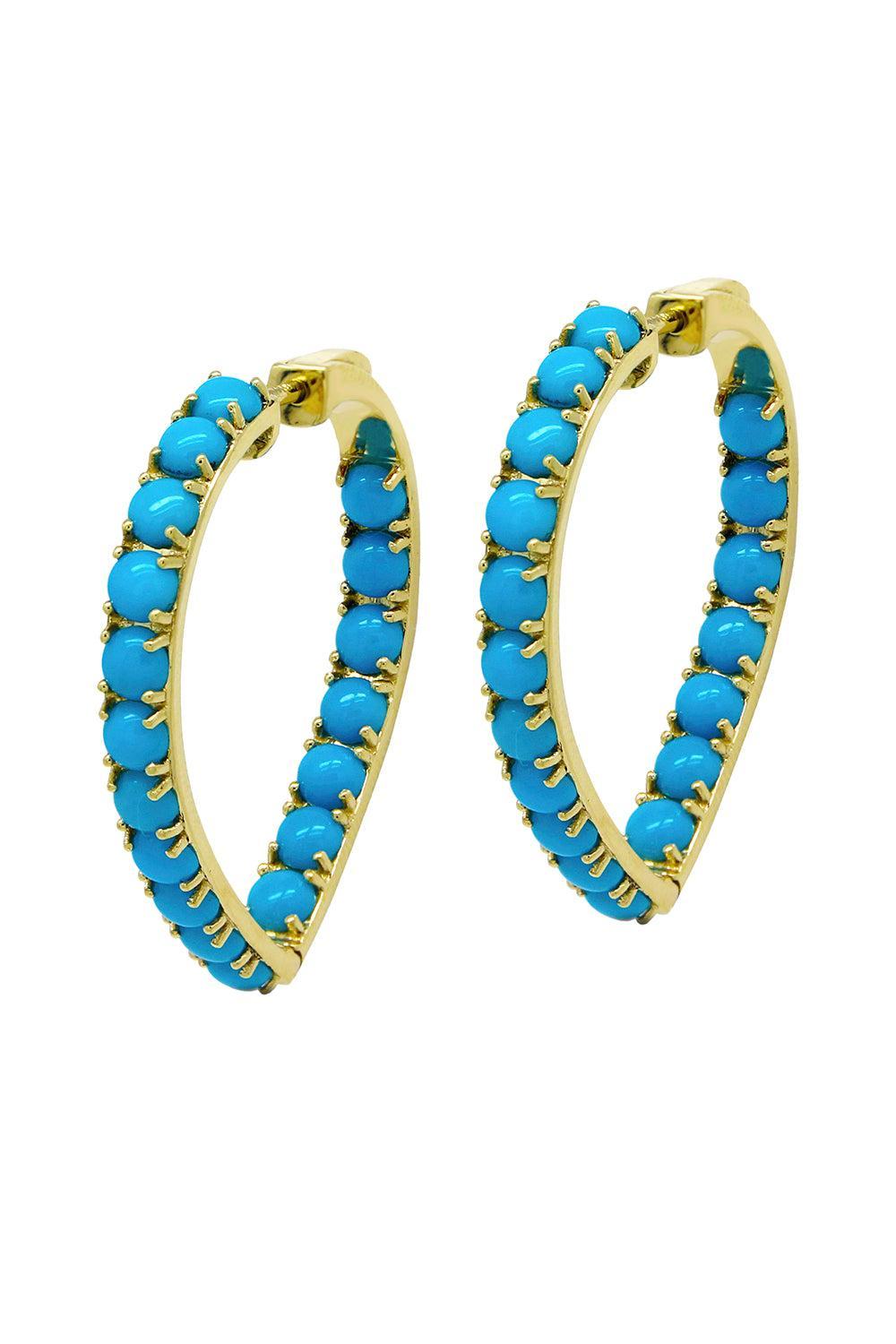 Turquoise Cabochon Heart Hoop Earrings-YELLOW GOLD-JEWELRYFINE JEWELEARRING-GOSHWARA