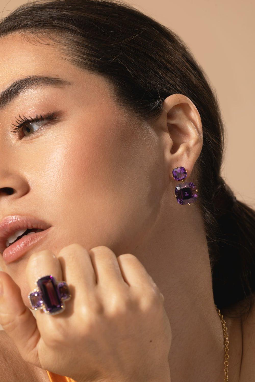 GOSHWARA-Two Tier Amethyst Earrings-YELLOW GOLD