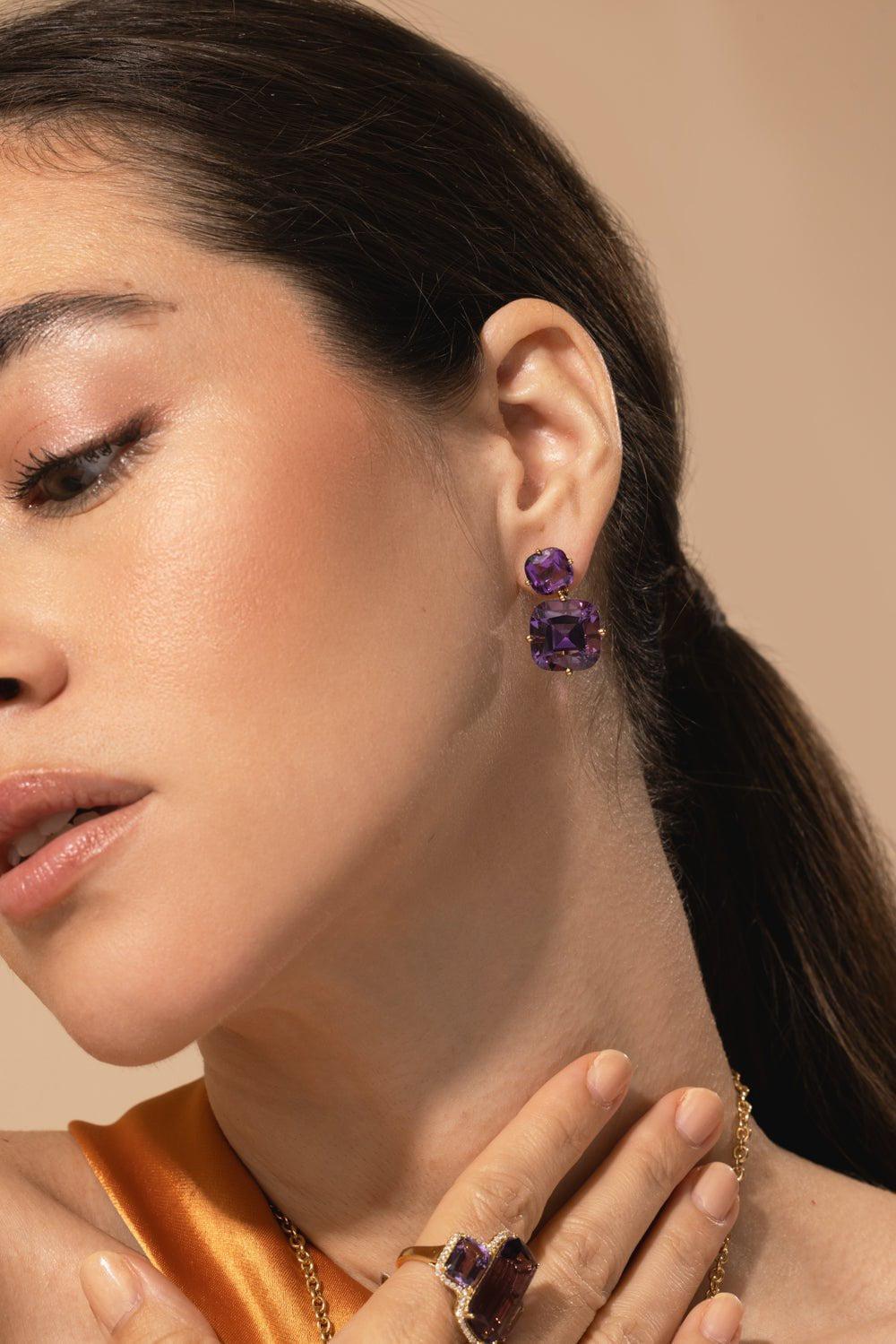 GOSHWARA-Two Tier Amethyst Earrings-YELLOW GOLD