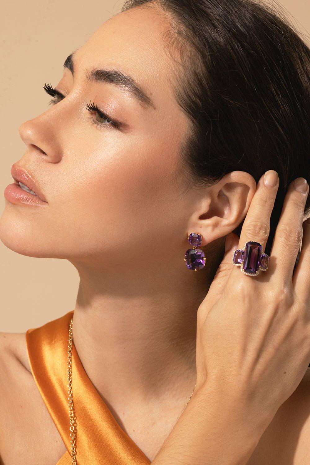 GOSHWARA-Two Tier Amethyst Earrings-YELLOW GOLD