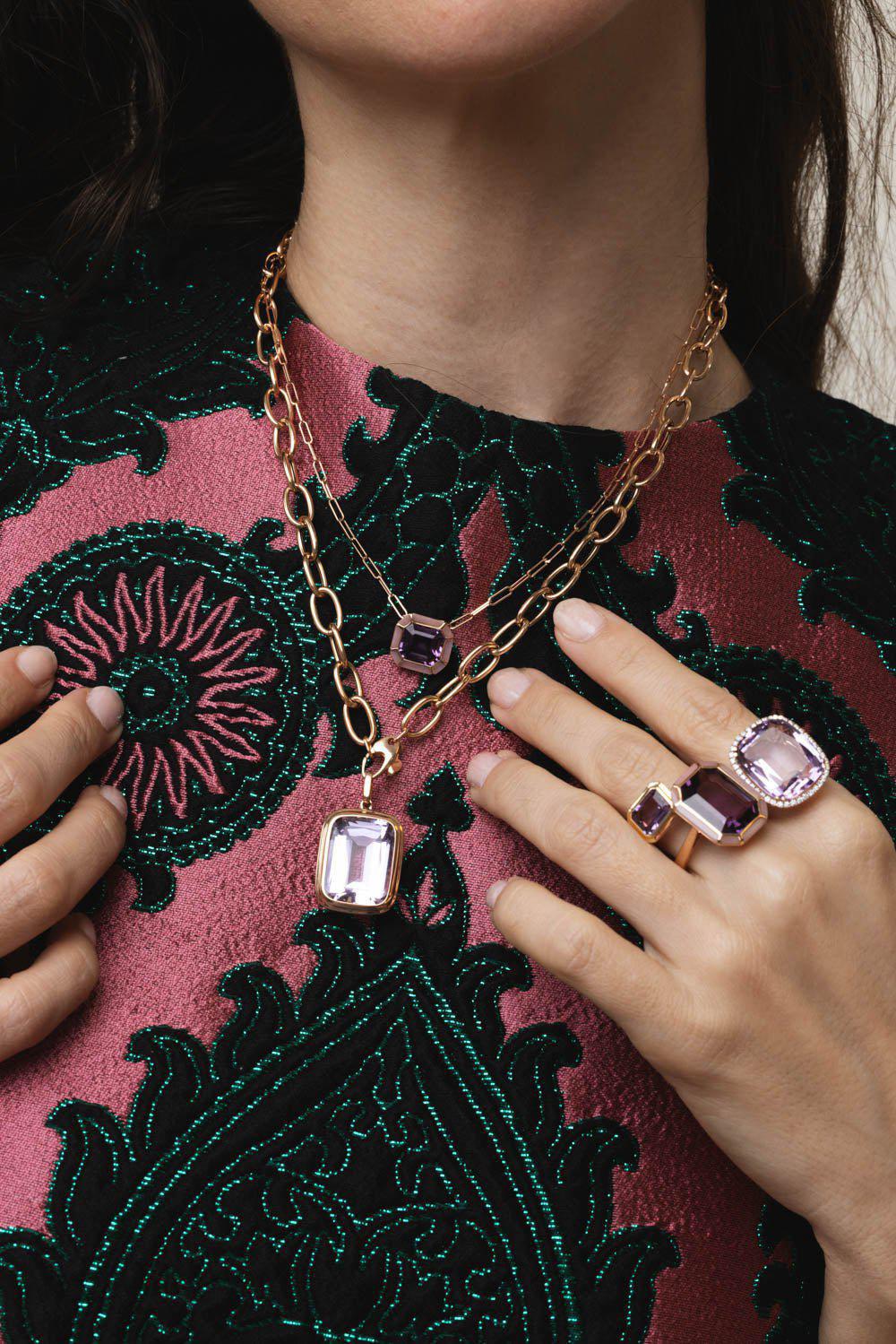GOSHWARA-Manhattan Amethyst Pendant Necklace-ROSE GOLD