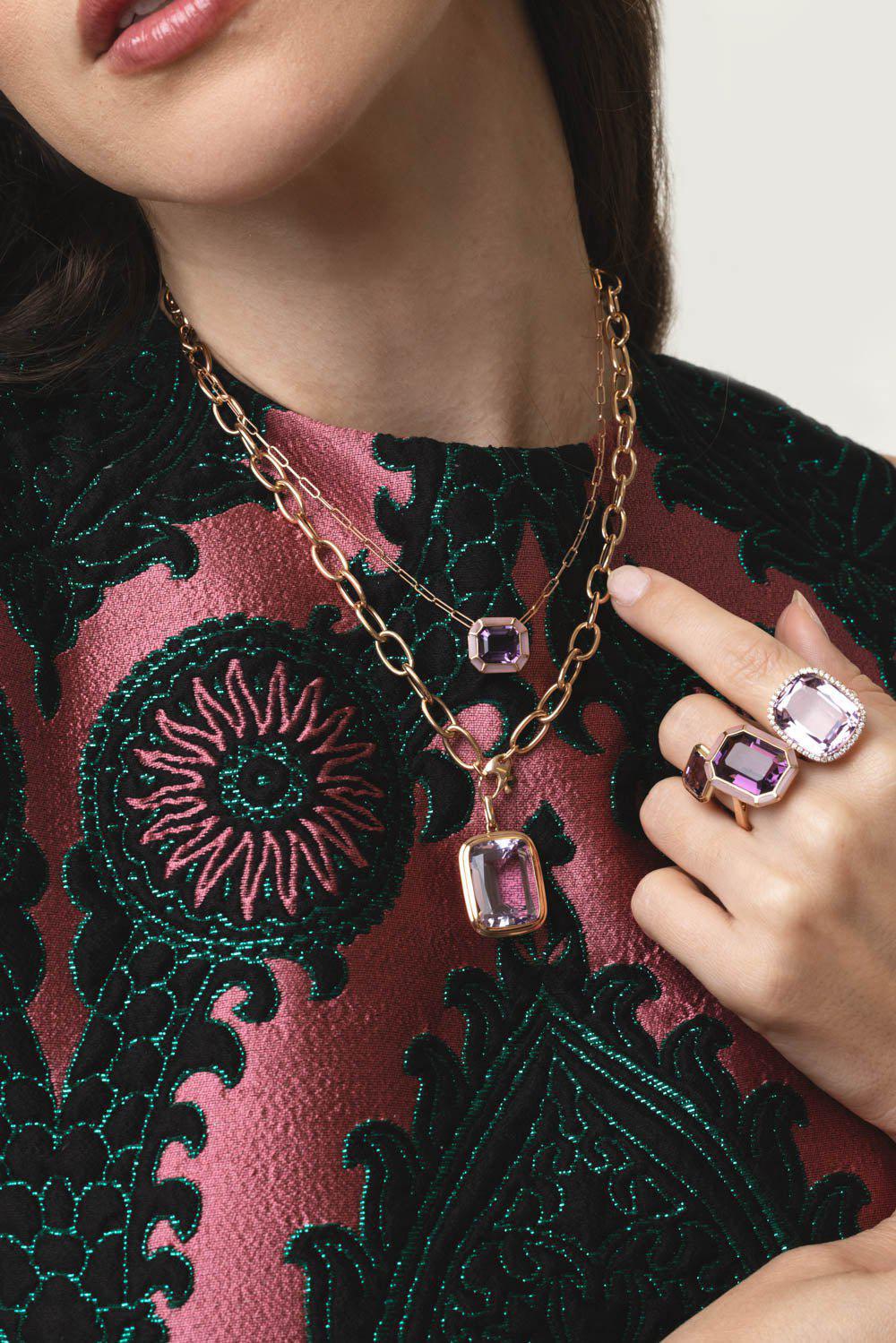 GOSHWARA-Manhattan Amethyst Pendant Necklace-ROSE GOLD