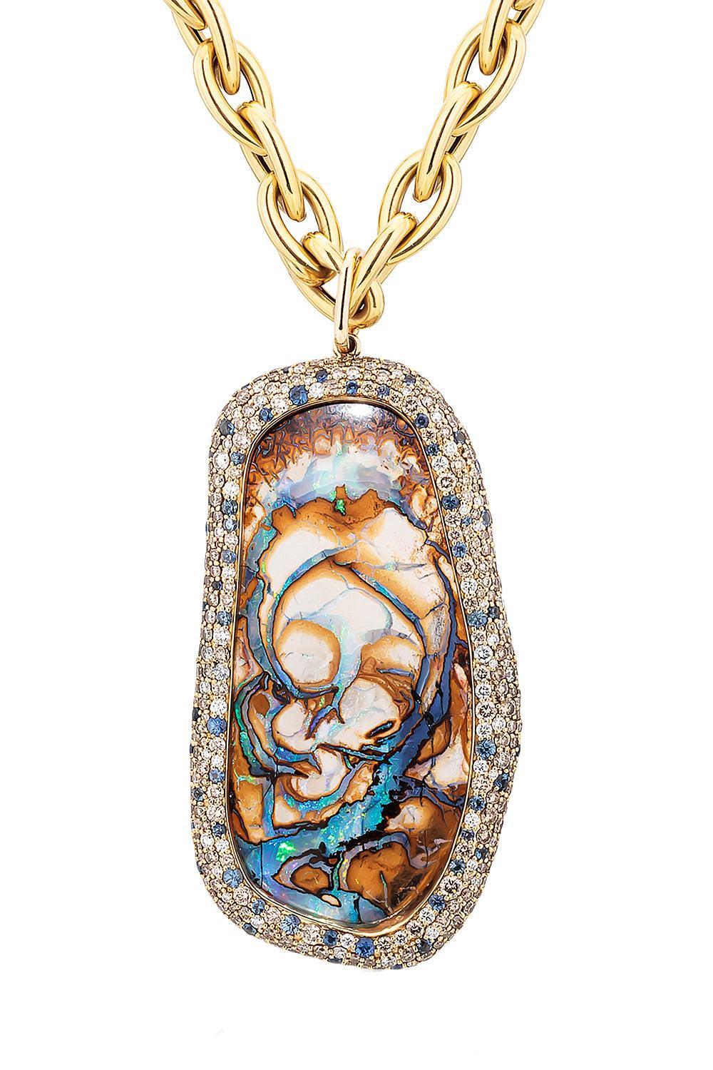 Brown Opal Diamond Sapphire Mosaic Pendant Necklace-YELLOW GOLD-18-JEWELRYFINE JEWELNECKLACE O-GOSHWARA