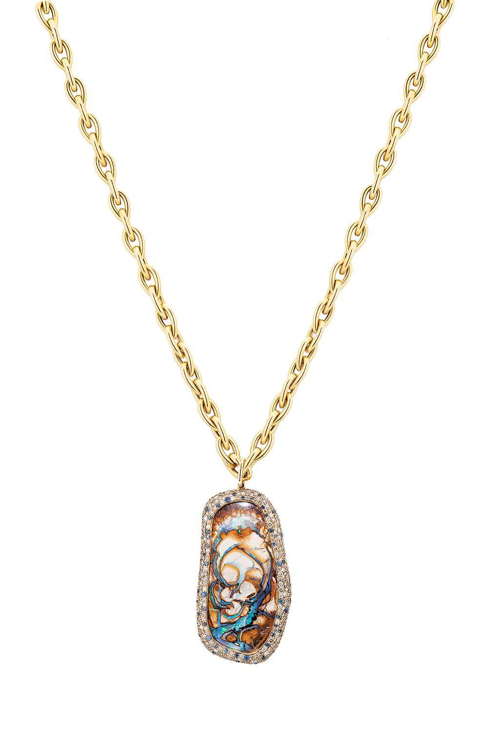 Brown Opal Diamond Sapphire Mosaic Pendant Necklace-YELLOW GOLD-18-JEWELRYFINE JEWELNECKLACE O-GOSHWARA