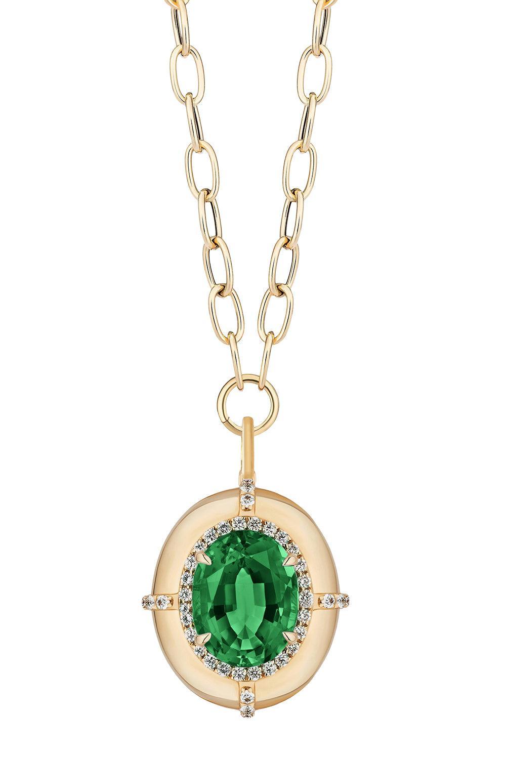 Emerald Oval Medallion Pendant Necklace-YELLOW GOLD-18-JEWELRYFINE JEWELNECKLACE O-GOSHWARA