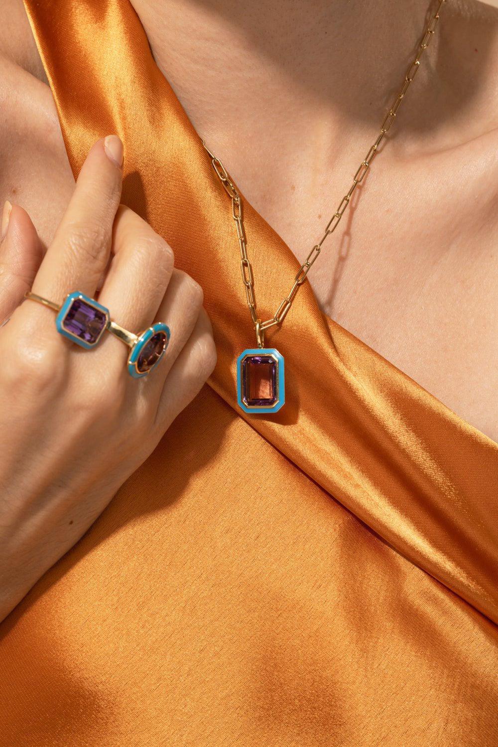 GOSHWARA-Flat Amethyst Enamel Pendant Necklace-YELLOW GOLD