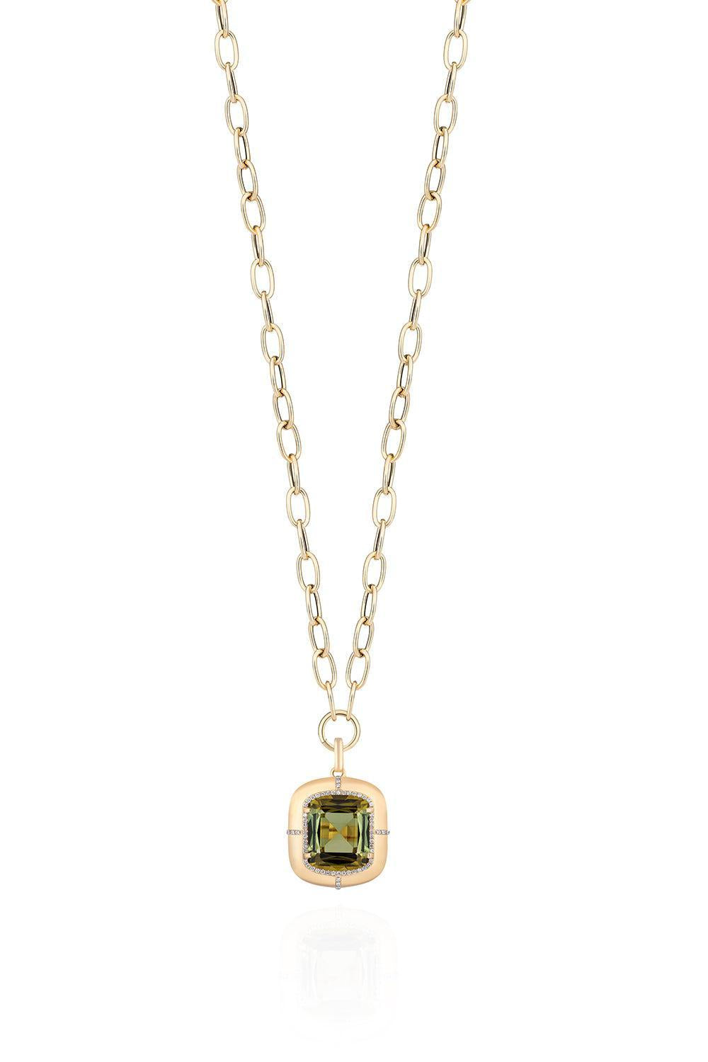 Green Tourmaline Cushion Medallion Necklace-YELLOW GOLD-18-JEWELRYFINE JEWELNECKLACE O-GOSHWARA
