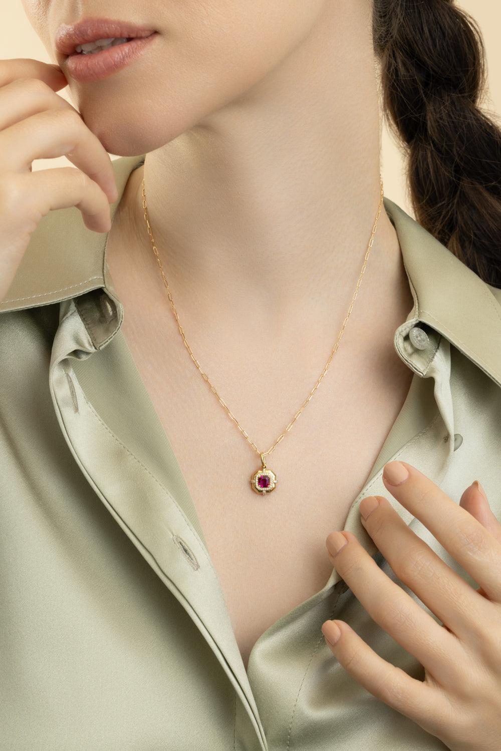 Rubellite Asscher Medallion Pendant Necklace-YELLOW GOLD-18-JEWELRYFINE JEWELNECKLACE O-GOSHWARA