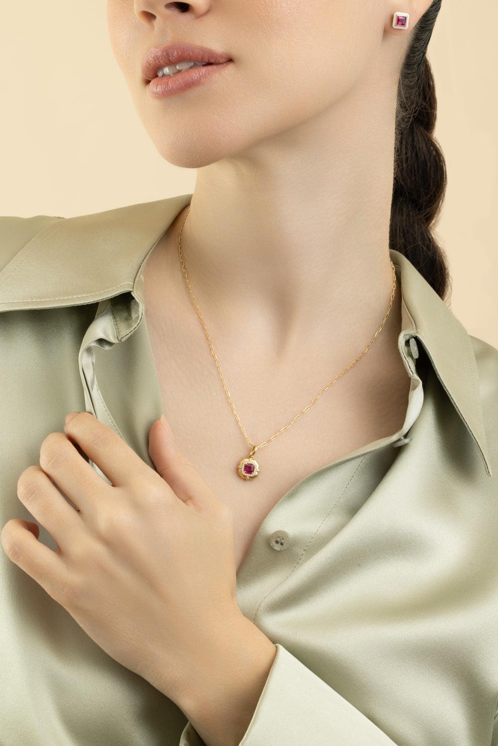 Rubellite Asscher Medallion Pendant Necklace-YELLOW GOLD-18-JEWELRYFINE JEWELNECKLACE O-GOSHWARA