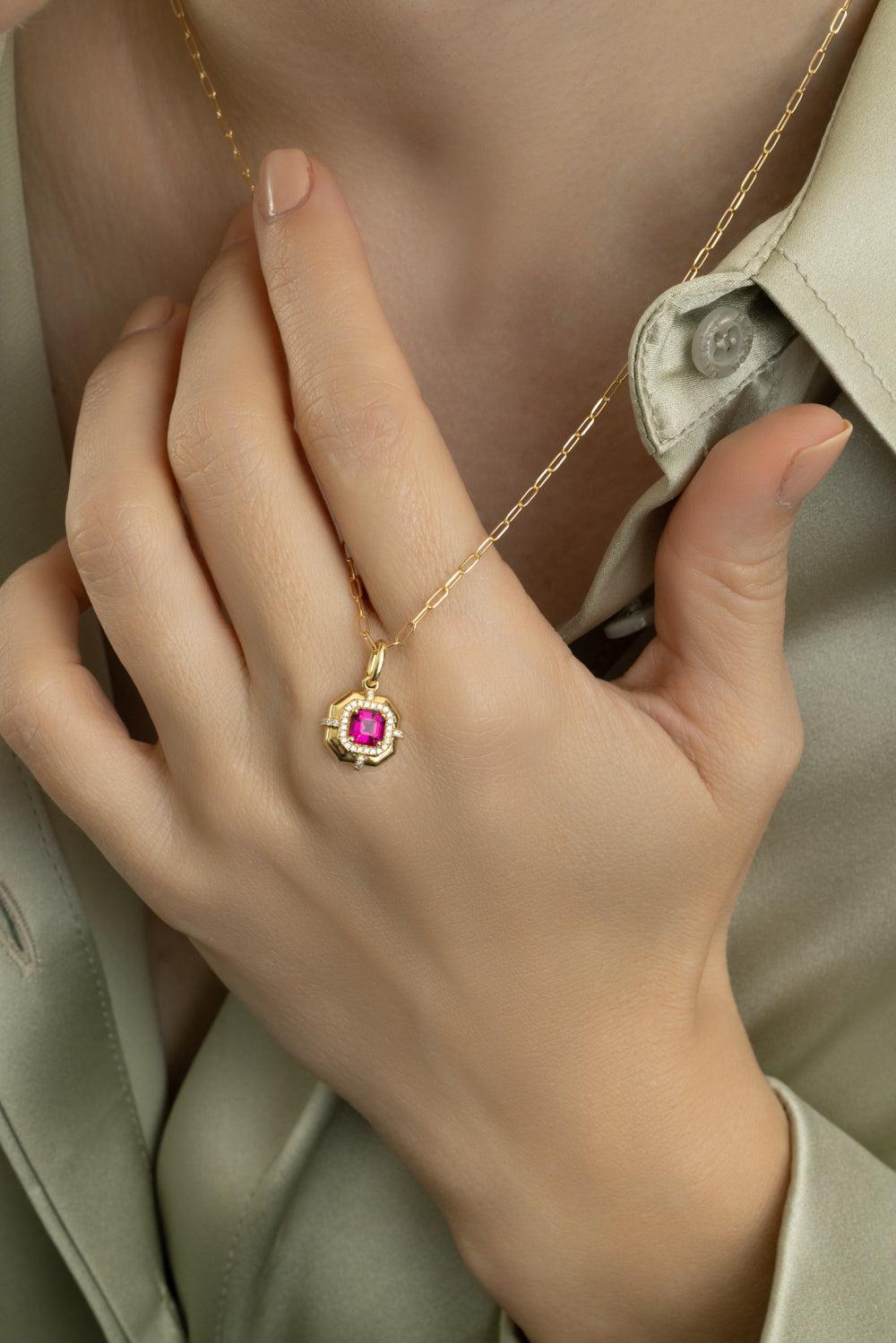 Rubellite Asscher Medallion Pendant Necklace-YELLOW GOLD-18-JEWELRYFINE JEWELNECKLACE O-GOSHWARA