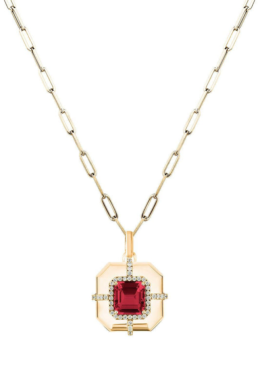 Rubellite Asscher Medallion Pendant Necklace-YELLOW GOLD-18-JEWELRYFINE JEWELNECKLACE O-GOSHWARA