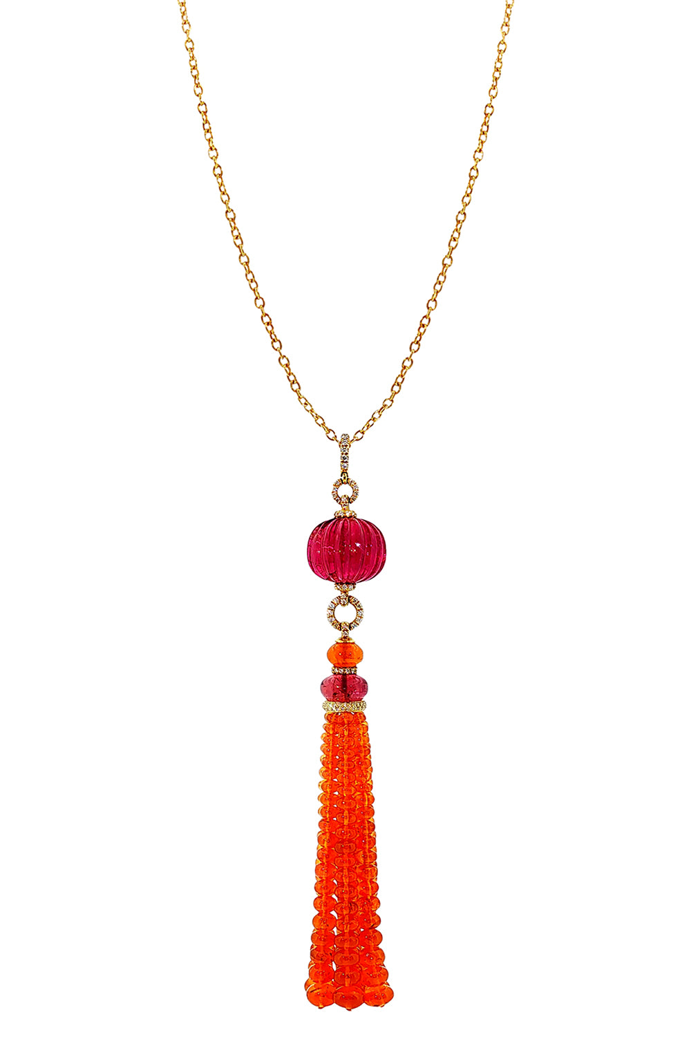 Garnet Rubellite Fluted Bead Tassel Necklace-YELLOW GOLD-20-JEWELRYFINE JEWELNECKLACE O-GOSHWARA