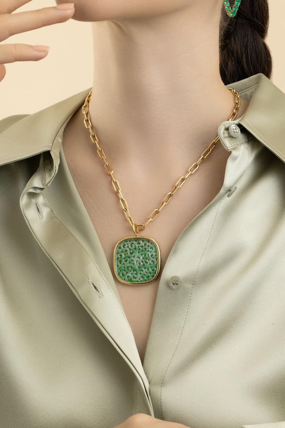 Green Jade Carved Cushion G - One Pendant Necklace-YELLOW GOLD-24-JEWELRYFINE JEWELNECKLACE O-GOSHWARA