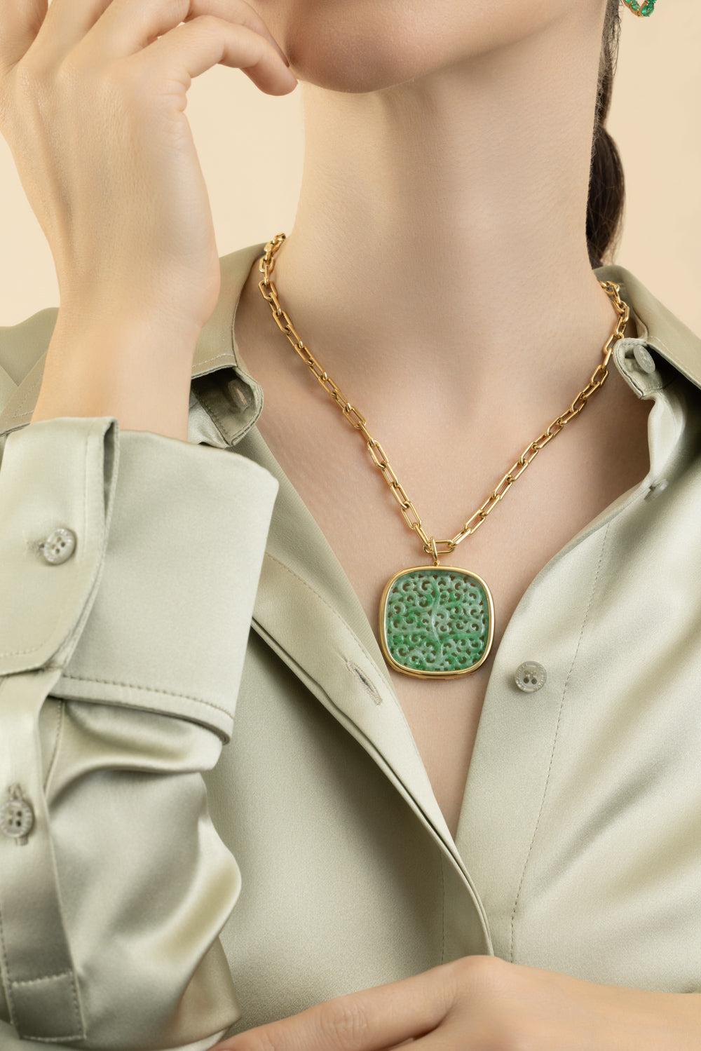 Green Jade Carved Cushion G - One Pendant Necklace-YELLOW GOLD-24-JEWELRYFINE JEWELNECKLACE O-GOSHWARA