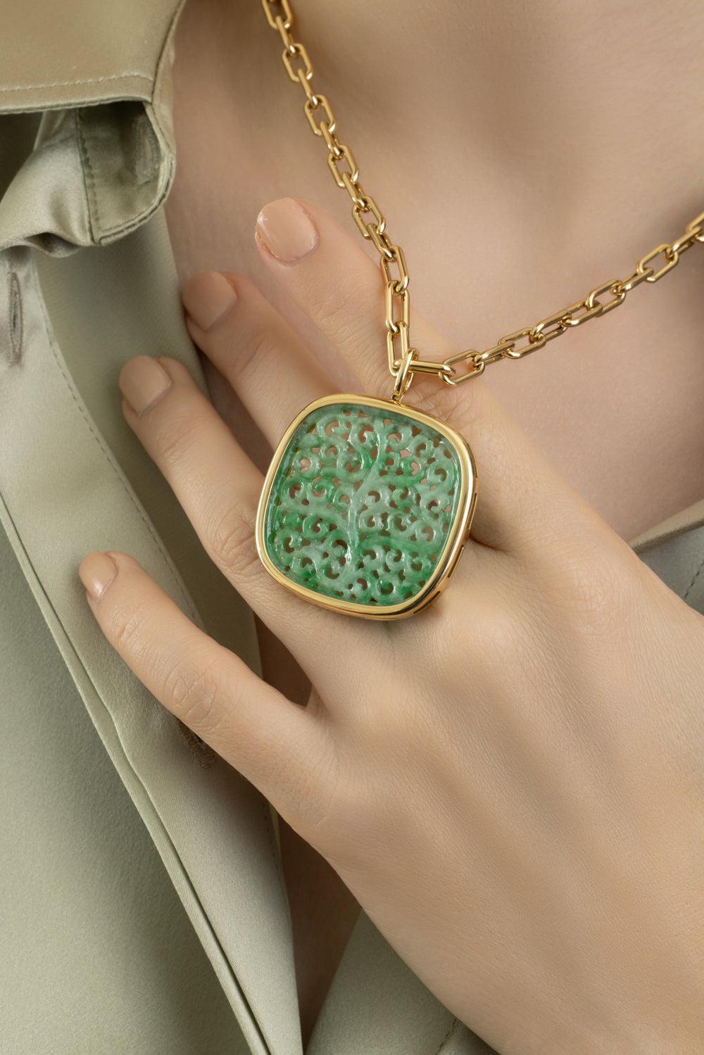 Green Jade Carved Cushion G - One Pendant Necklace-YELLOW GOLD-24-JEWELRYFINE JEWELNECKLACE O-GOSHWARA