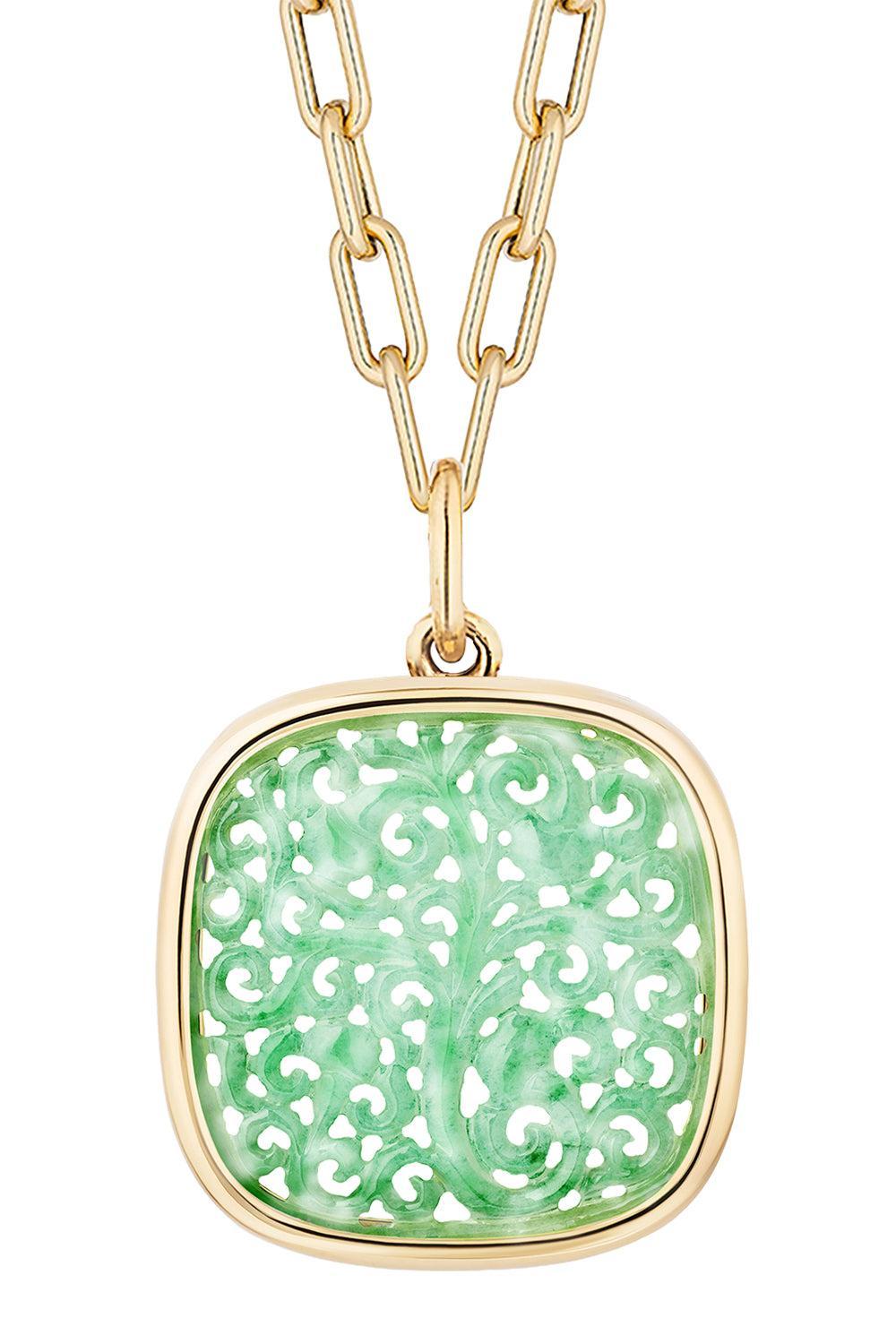 Green Jade Carved Cushion G - One Pendant Necklace-YELLOW GOLD-24-JEWELRYFINE JEWELNECKLACE O-GOSHWARA