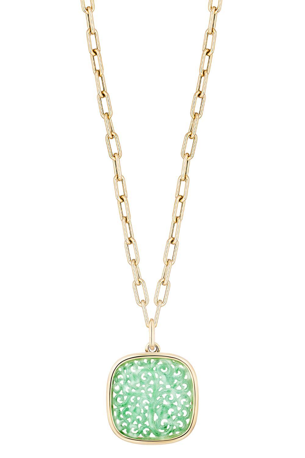 Green Jade Carved Cushion G - One Pendant Necklace-YELLOW GOLD-24-JEWELRYFINE JEWELNECKLACE O-GOSHWARA