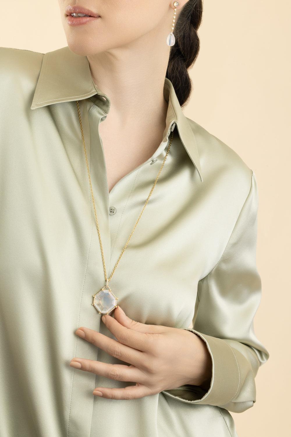 Moon Quartz Octagon Gossip Pendant Necklace-YELLOW GOLD-24-JEWELRYFINE JEWELNECKLACE O-GOSHWARA