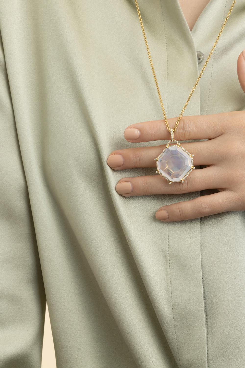 Moon Quartz Octagon Gossip Pendant Necklace-YELLOW GOLD-24-JEWELRYFINE JEWELNECKLACE O-GOSHWARA