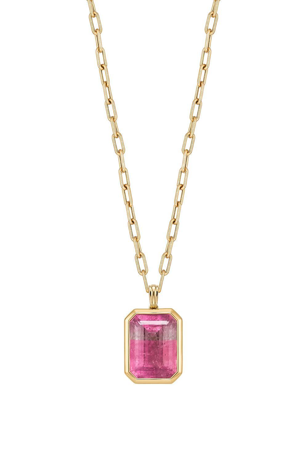 Watermelon Tourmaline Emerald Cut Pendant Necklace-YELLOW GOLD-18-JEWELRYFINE JEWELPENDANT-GOSHWARA