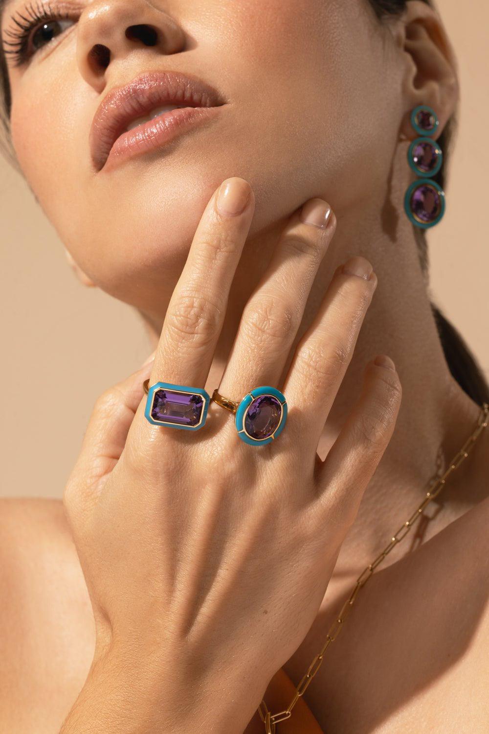 GOSHWARA-East West Amethyst Enamel Ring-YELLOW GOLD