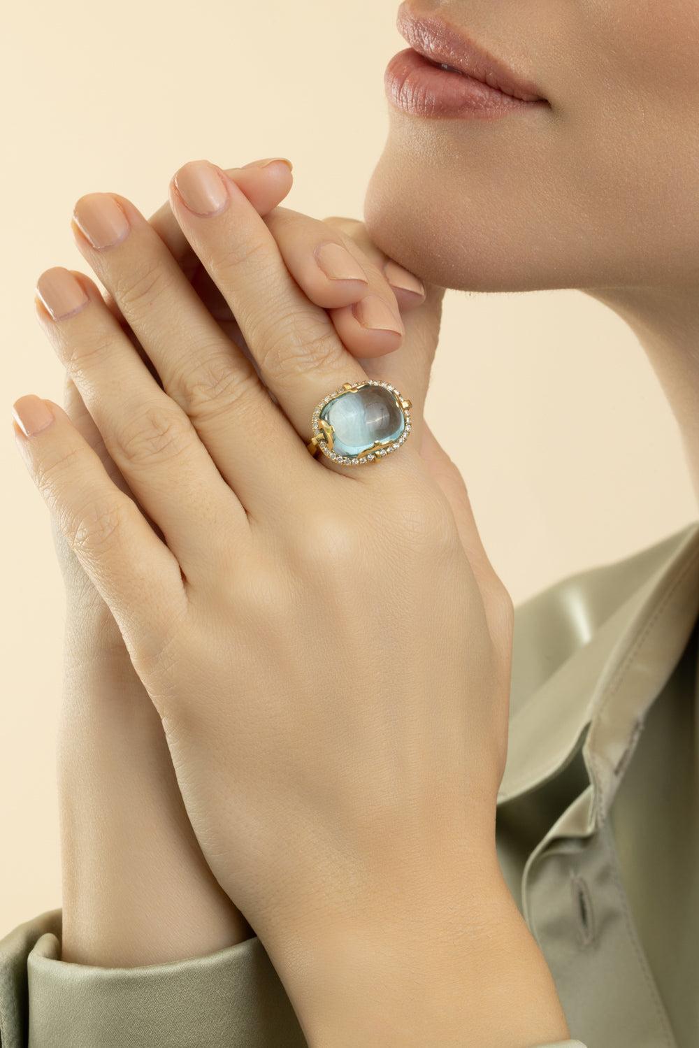 Blue Topaz Cushion Rock - N - Roll Ring-YELLOW GOLD-6.25-JEWELRYFINE JEWELRING-GOSHWARA