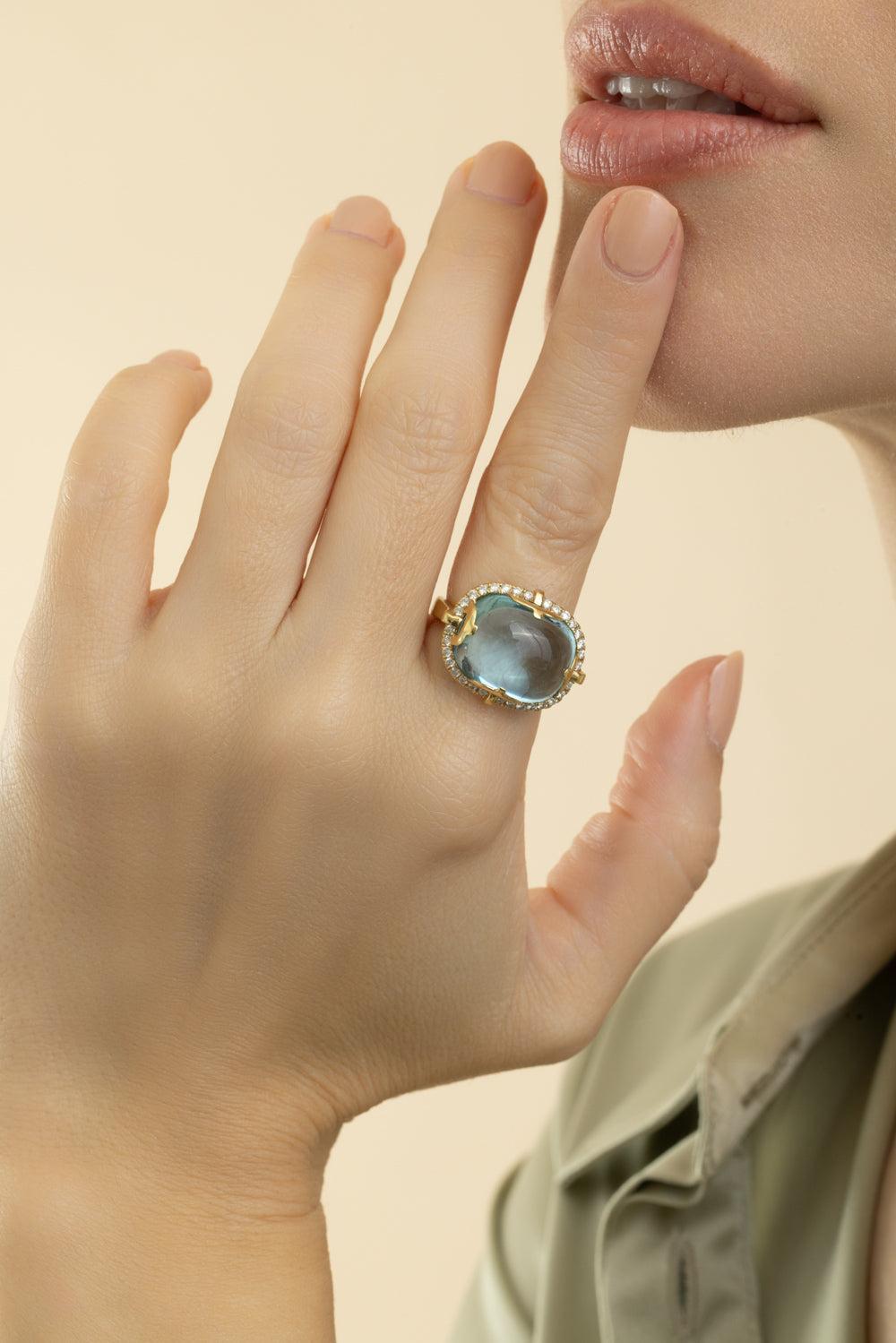 Blue Topaz Cushion Rock - N - Roll Ring-YELLOW GOLD-6.25-JEWELRYFINE JEWELRING-GOSHWARA