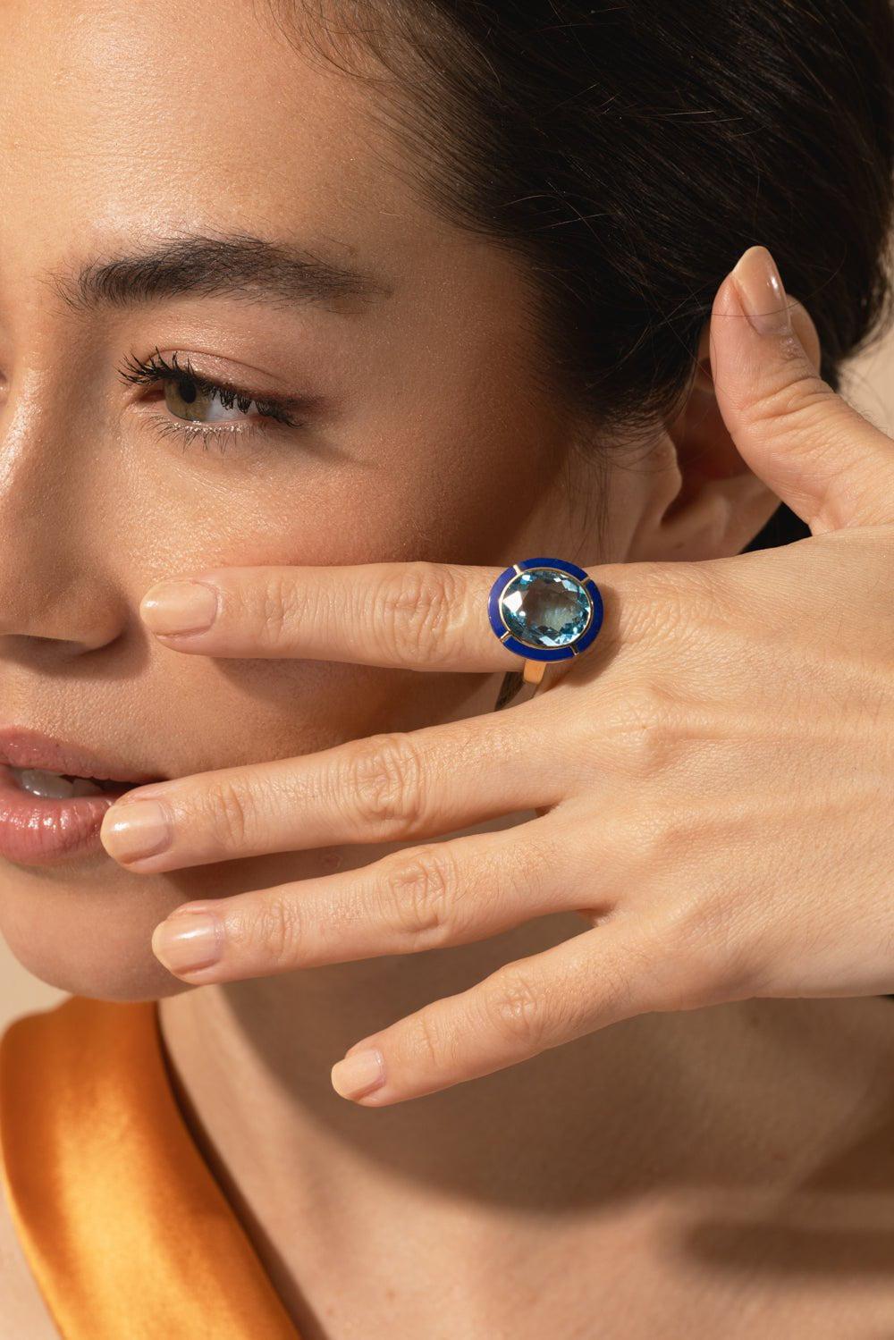 GOSHWARA-Blue Topaz Lapis Oval Ring-YELLOW GOLD