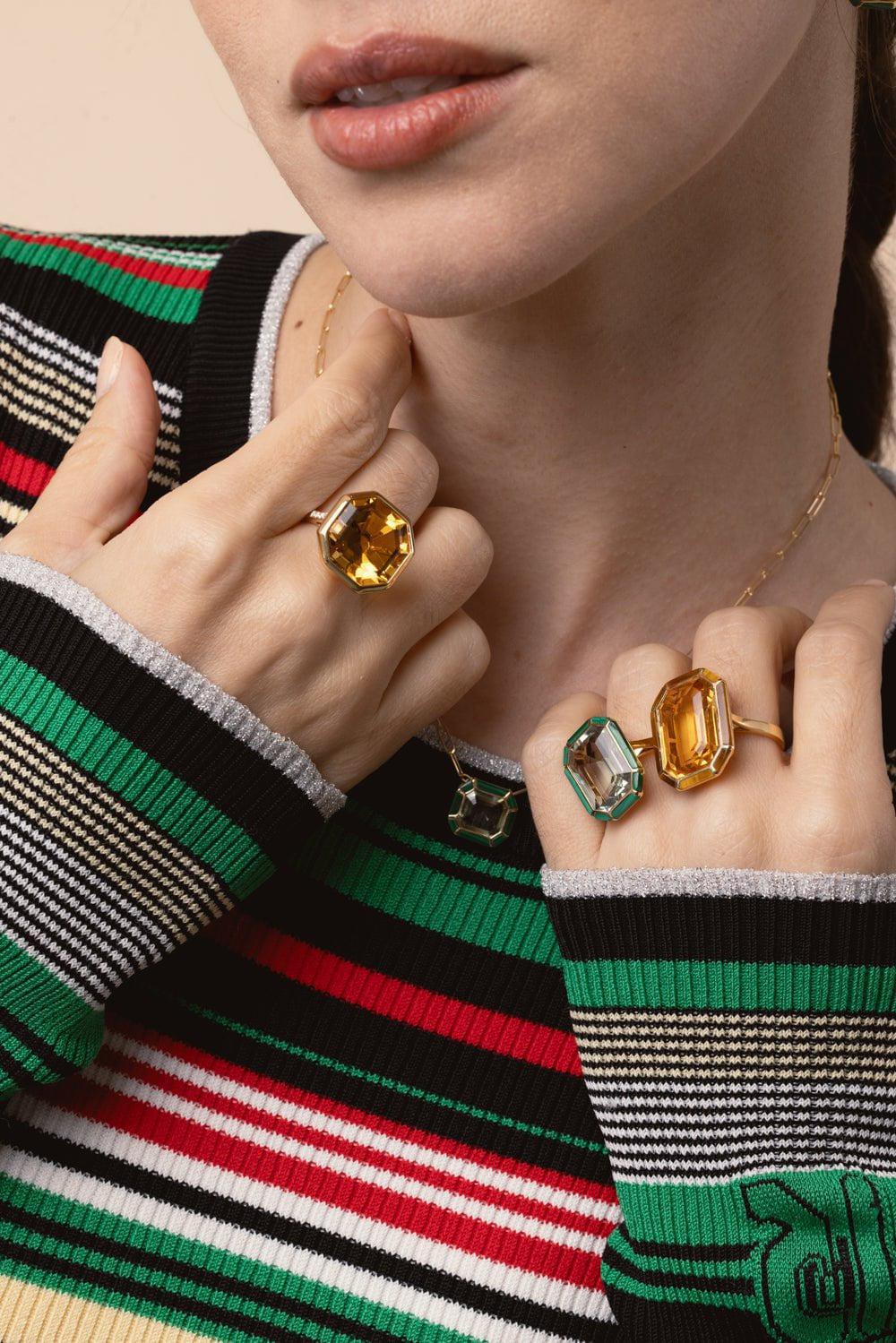 GOSHWARA-Prasiolite Malachite Ring-YELLOW GOLD