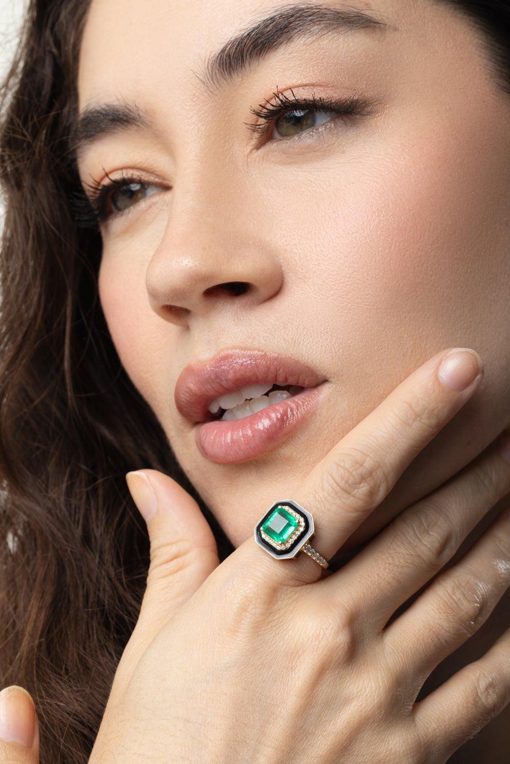 GOSHWARA-Enamel Emerald Diamond Ring-YELLOW GOLD