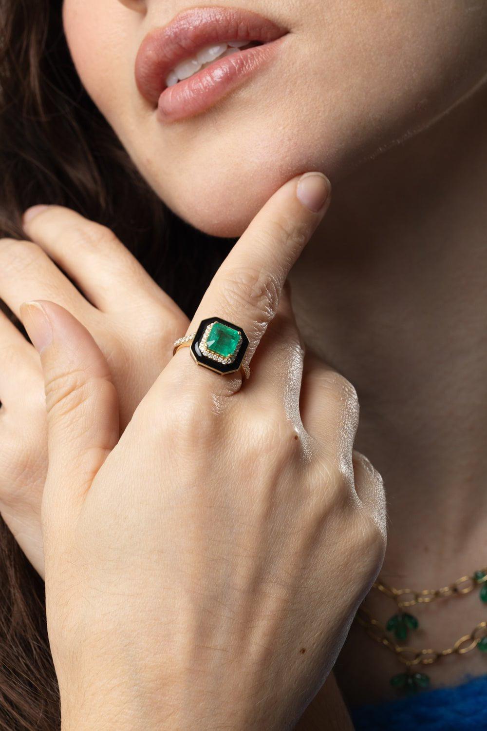 GOSHWARA-Enamel Emerald Diamond Ring-YELLOW GOLD