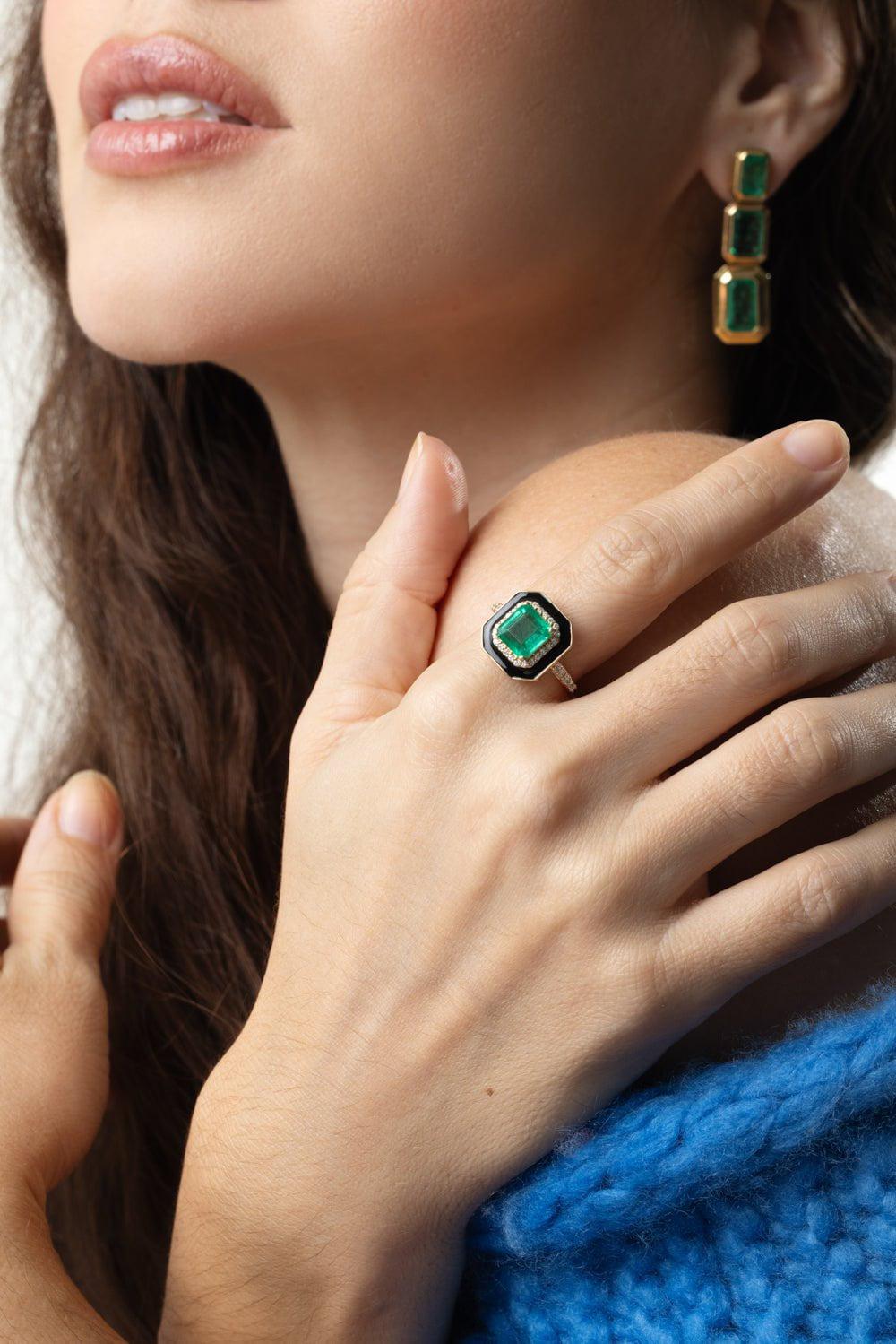GOSHWARA-Enamel Emerald Diamond Ring-YELLOW GOLD
