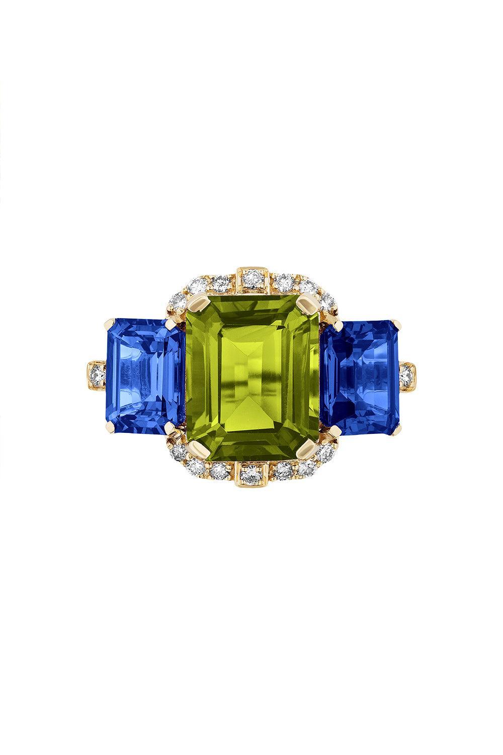Peridot Lolite Three Stone Gossip Ring-YELLOW GOLD-7-JEWELRYFINE JEWELRING-GOSHWARA