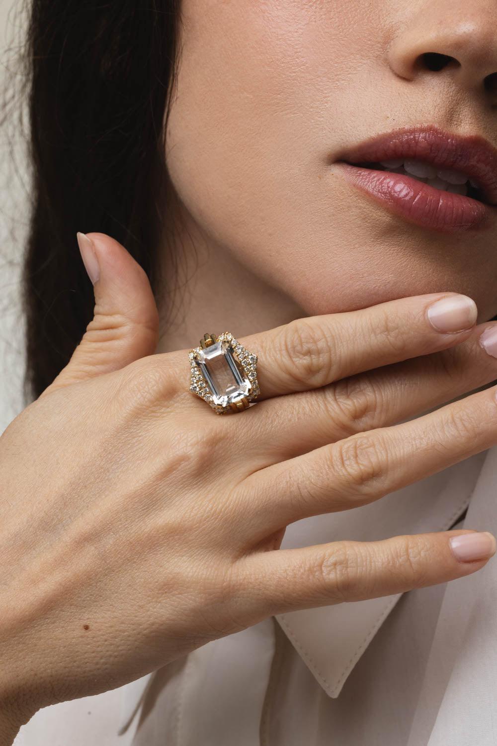 GOSHWARA-Rainforest Rock Crystal Diamond Ring-YELLOW GOLD