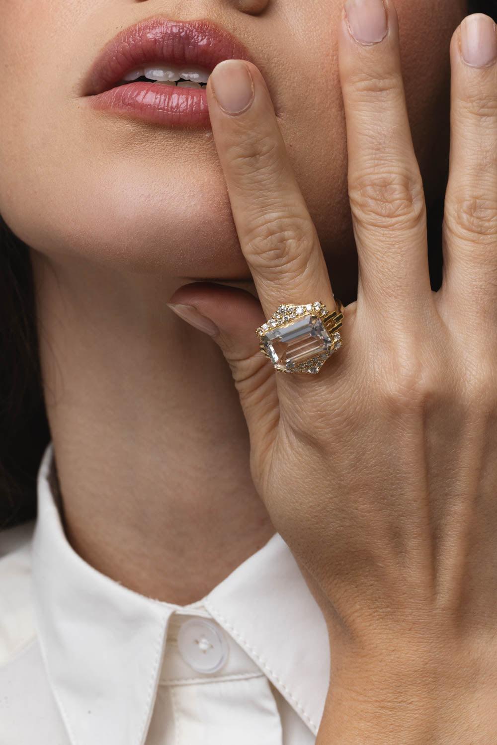 GOSHWARA-Rainforest Rock Crystal Diamond Ring-YELLOW GOLD