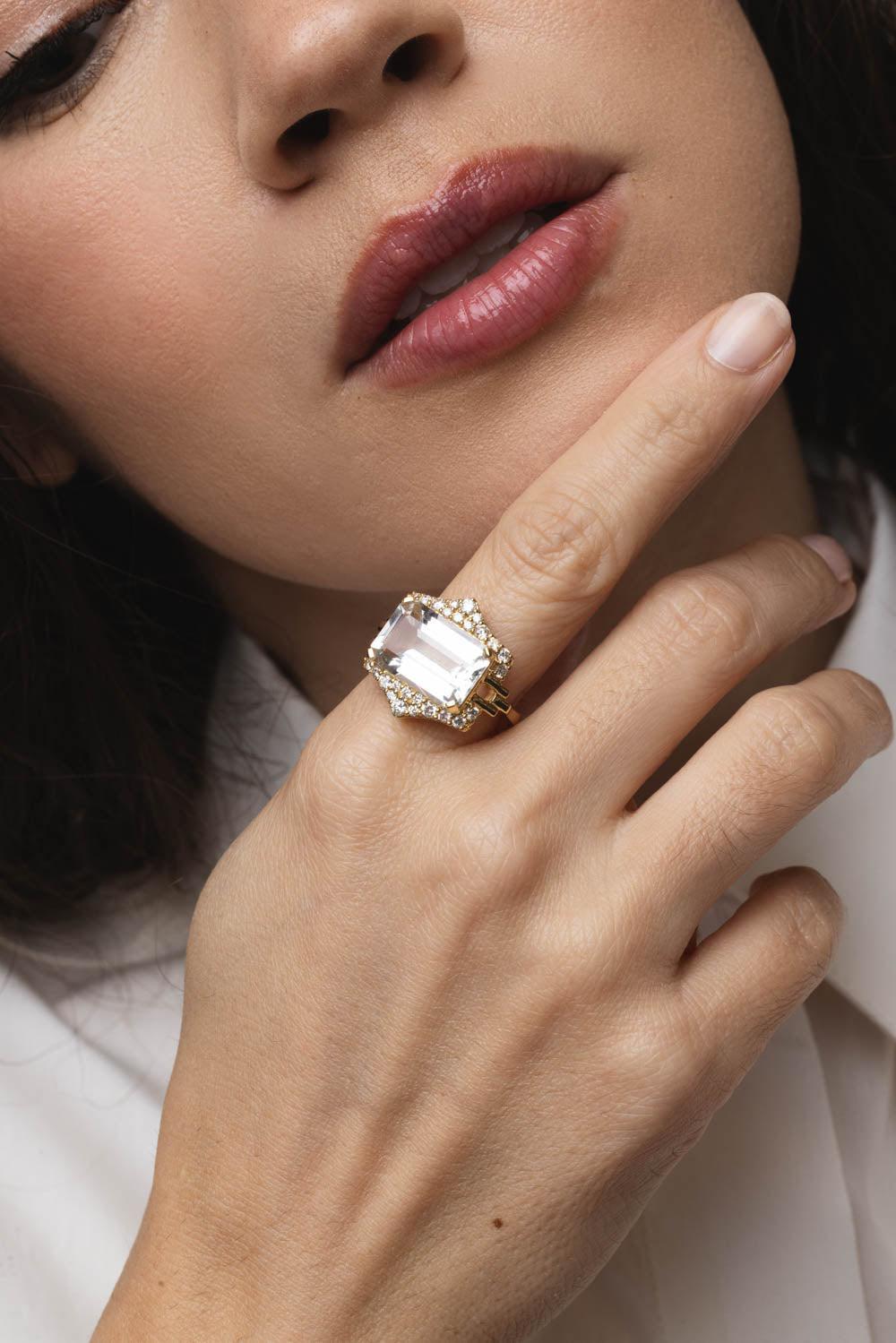 GOSHWARA-Rainforest Rock Crystal Diamond Ring-YELLOW GOLD