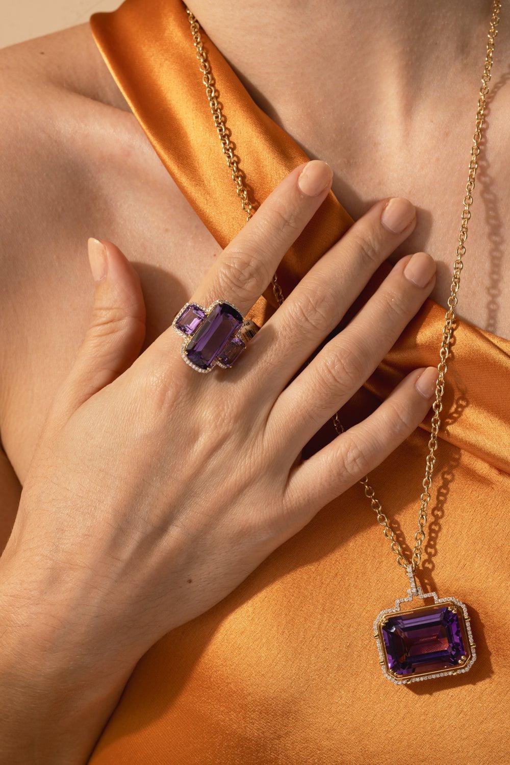 GOSHWARA-Three Stone Amethyst Diamond Ring-YELLOW GOLD