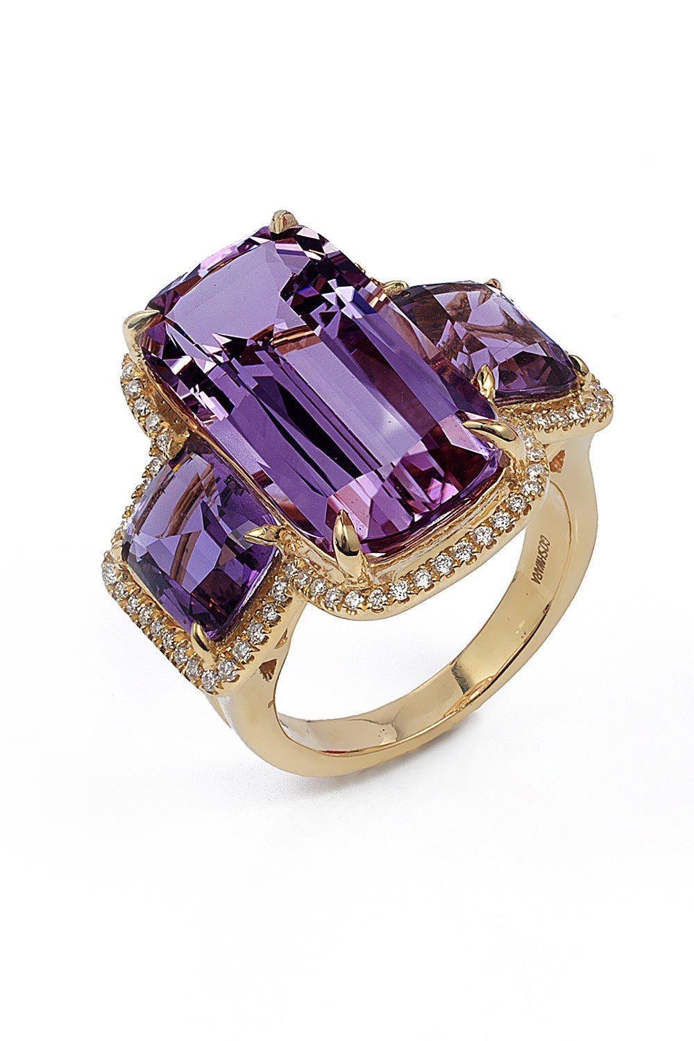 GOSHWARA-Three Stone Amethyst Diamond Ring-YELLOW GOLD