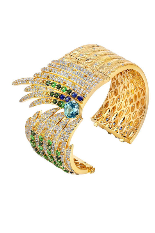 Aquamarine Pássaro Cuff Bracelet-YELLOW GOLD-JEWELRYFINE JEWELBRACELET O-GRAZIELA