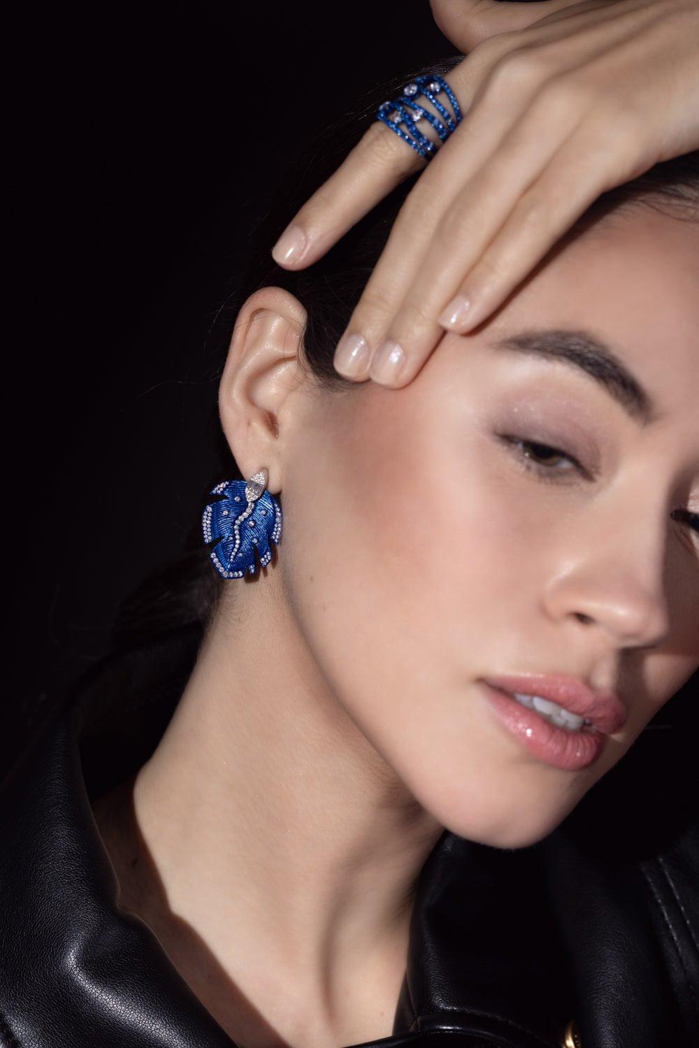 GRAZIELA-Blue Rhodium Diamond Folha Earrings-WHITE GOLD