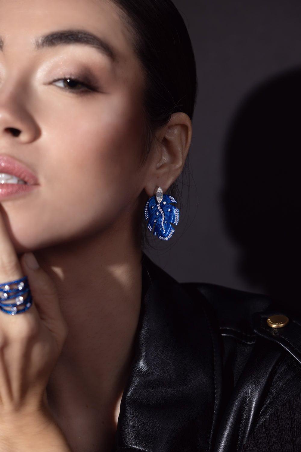 GRAZIELA-Blue Rhodium Diamond Folha Earrings-WHITE GOLD