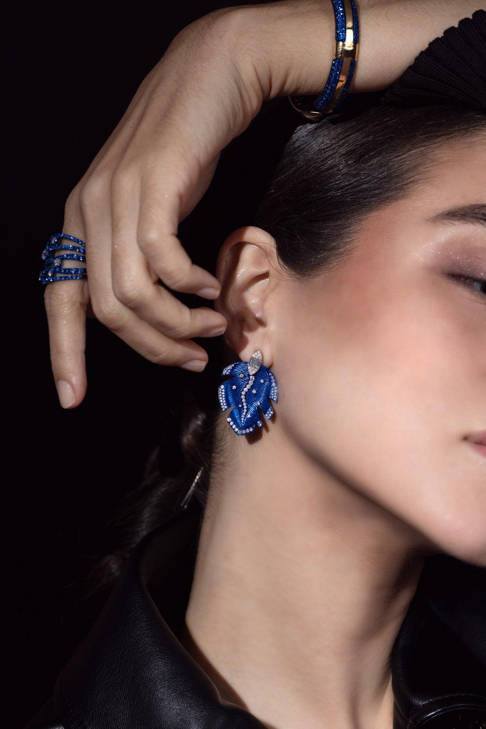 GRAZIELA-Blue Rhodium Diamond Folha Earrings-WHITE GOLD