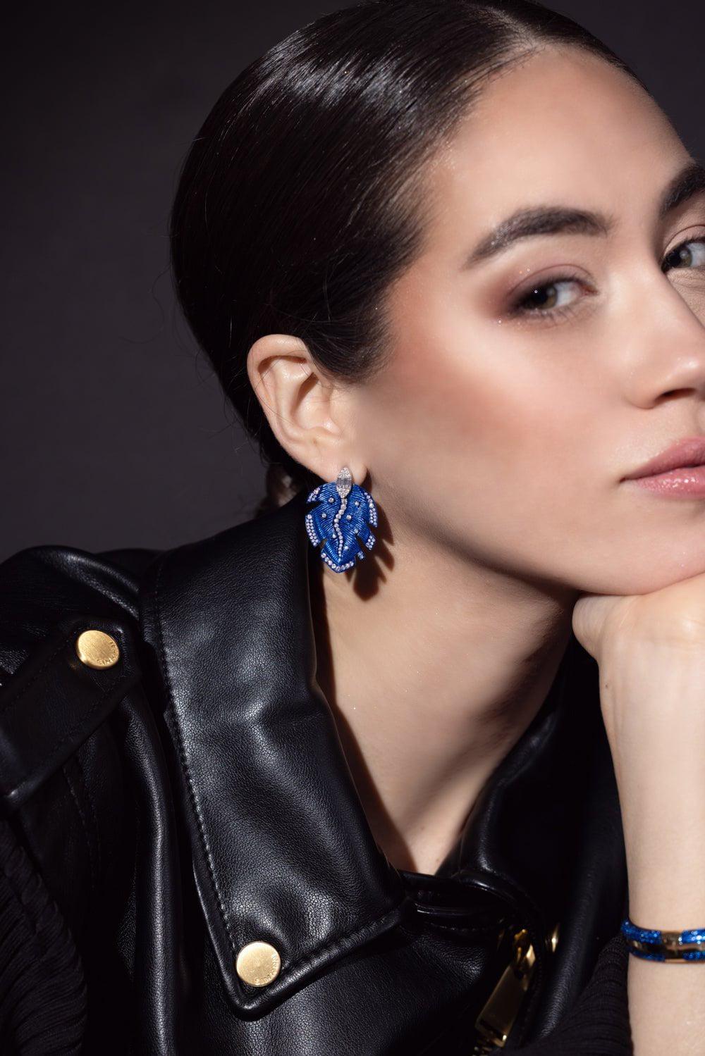 GRAZIELA-Blue Rhodium Diamond Folha Earrings-WHITE GOLD