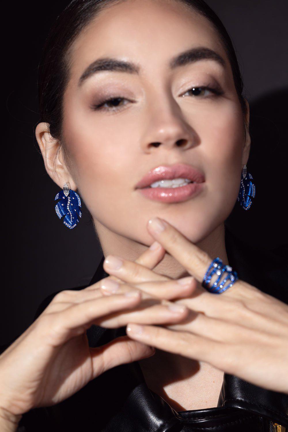 GRAZIELA-Blue Rhodium Diamond Folha Earrings-WHITE GOLD