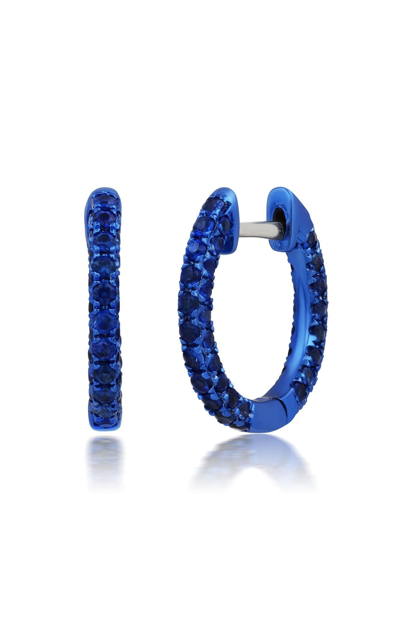 GRAZIELA-Blue Sapphire 3 Sided Color Rhodium Huggie Earrings-WHITE GOLD
