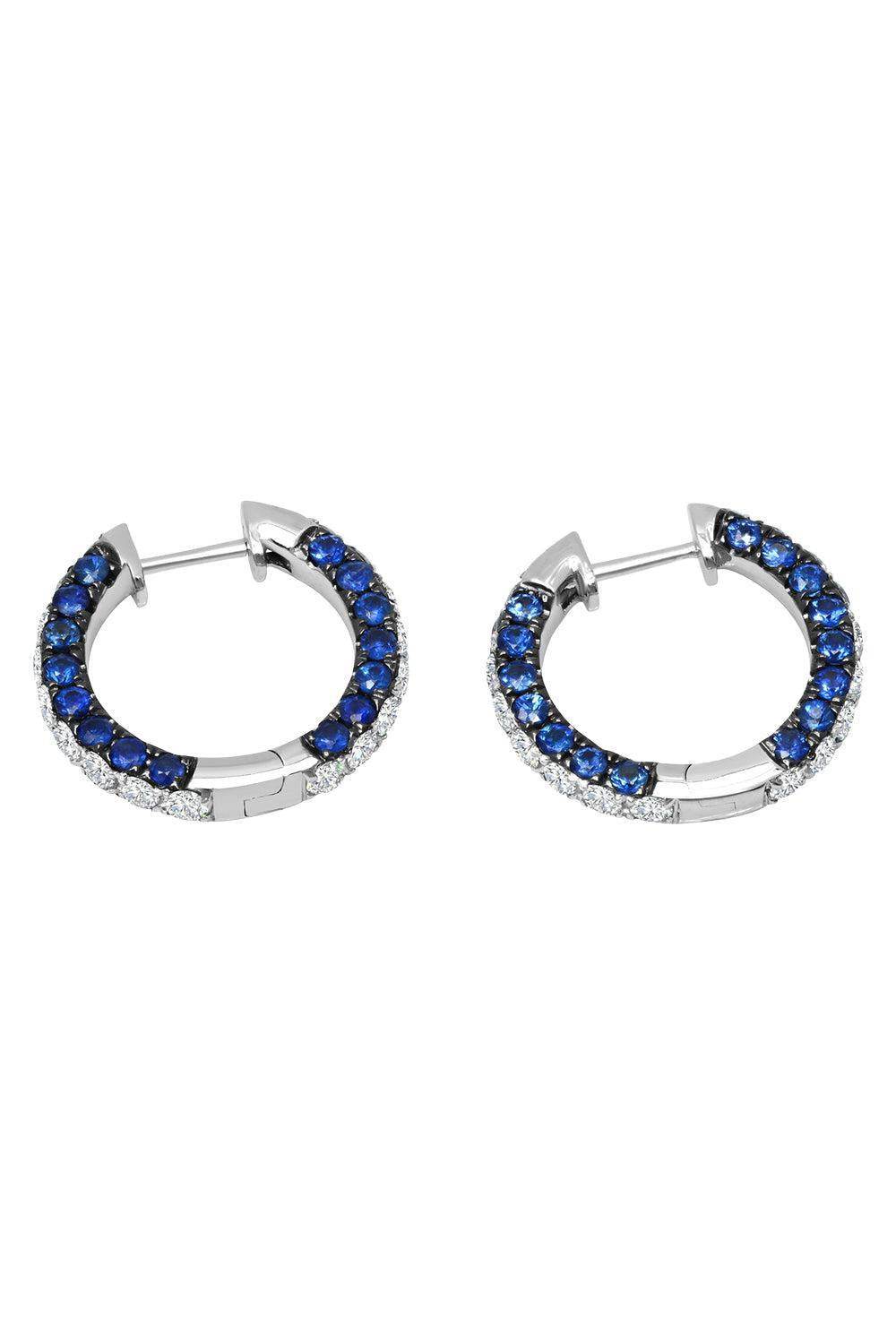 Blue Sapphire Diamond Sided Hoop Earrings-WHITE GOLD-JEWELRYFINE JEWELEARRING-GRAZIELA