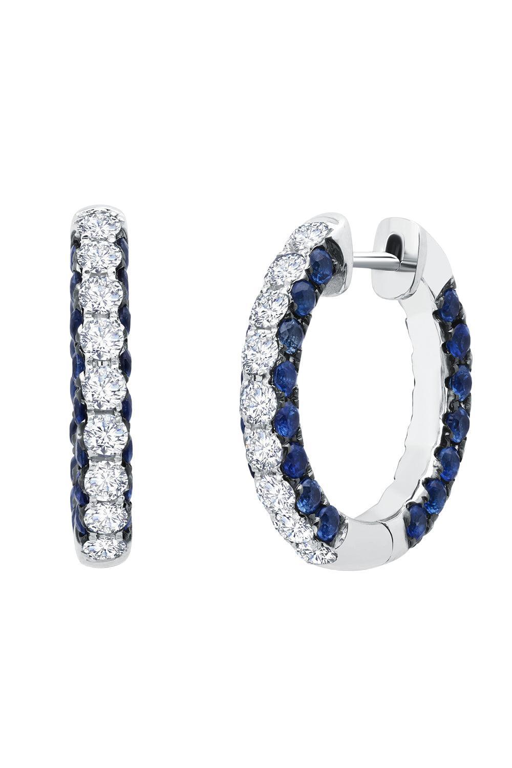 Blue Sapphire Diamond Sided Hoop Earrings-WHITE GOLD-JEWELRYFINE JEWELEARRING-GRAZIELA