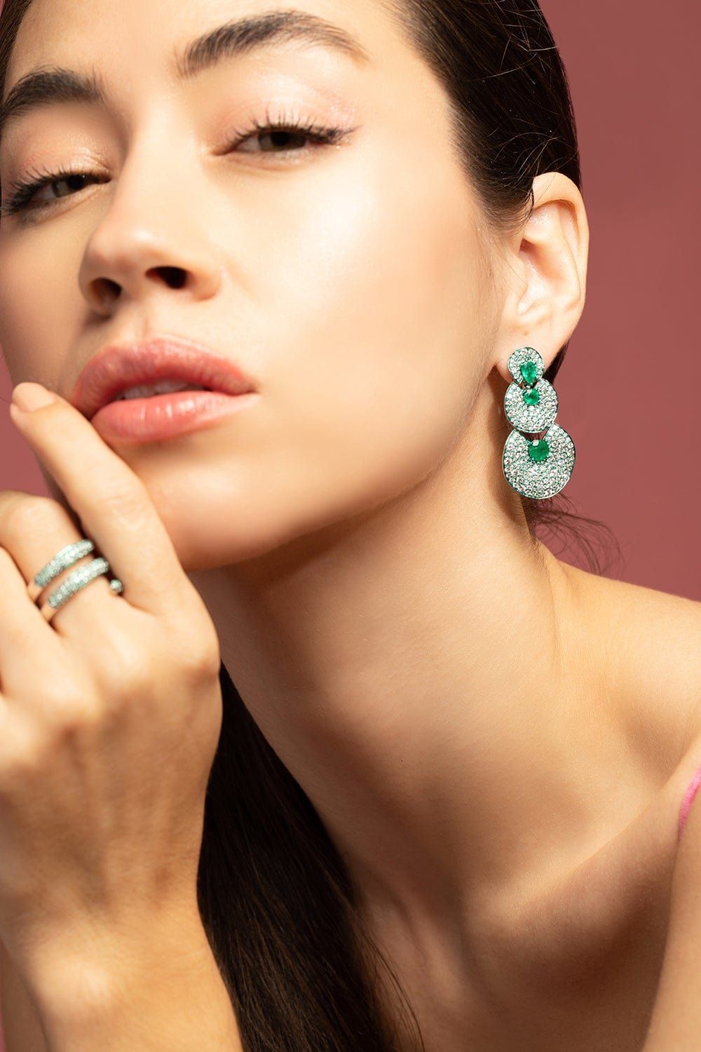 GRAZIELA-Emerald and Diamond Three Disc Earrings-WHITE GOLD